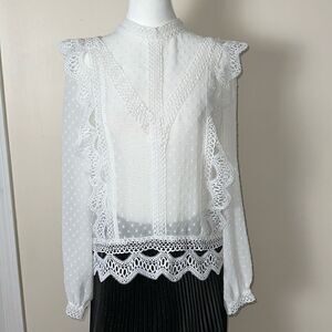 Endless Rose M MockNeck Chiffon Swiss Dot Lace Crochet Long Sleeve Sheer Blouse